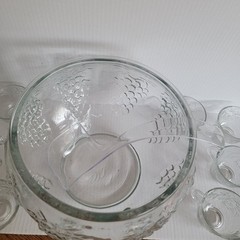 Indiana Glass Punch Bowl with Embossed Grapes, 8 Matching Cups and Hooks