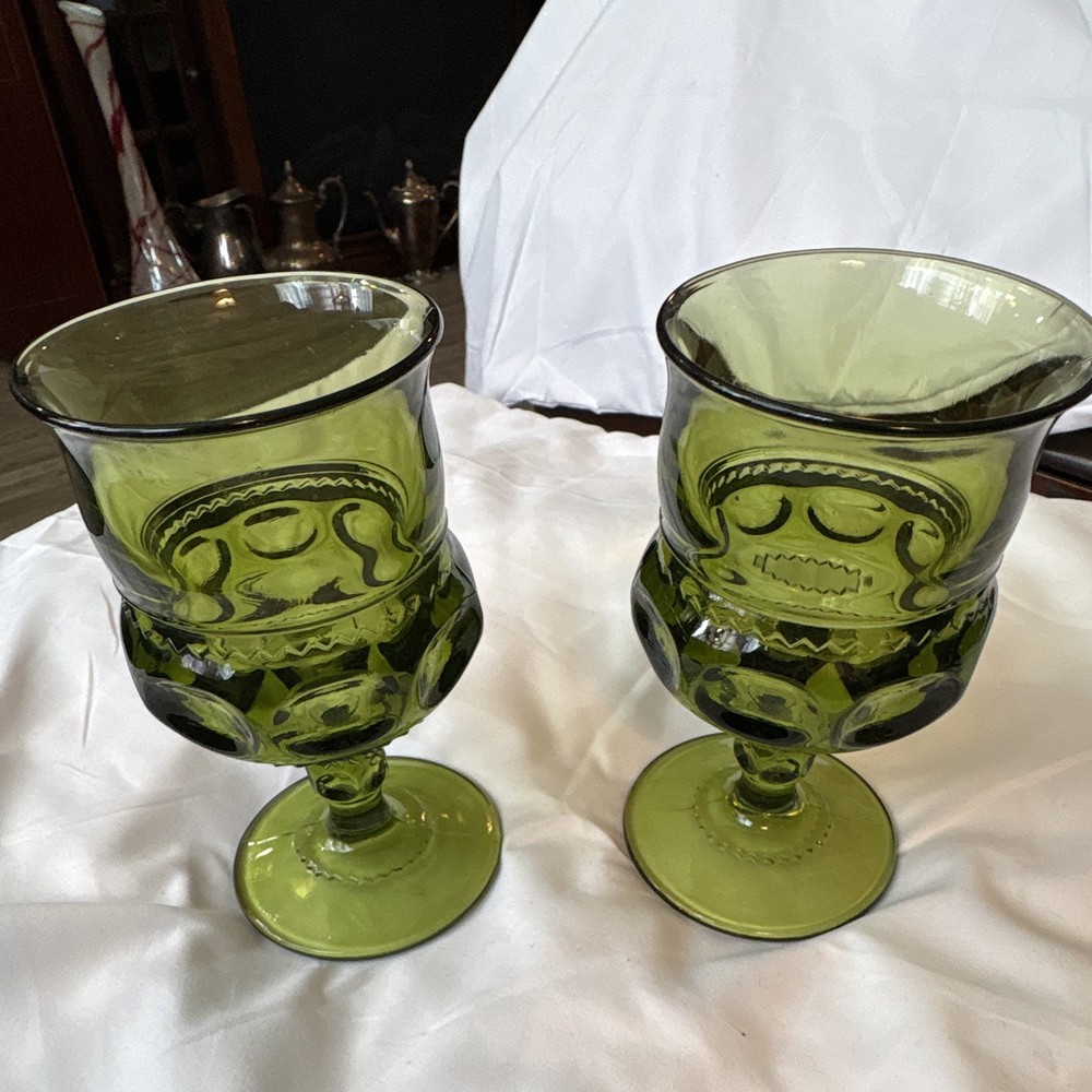 Indiana Glass King’s Crown Thumbprint Avocado Green Goblet. VTG MCM Set of 2