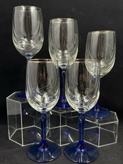 Lenox Crystal Cobalt Blue Stem Swag Drape Gold Rim Wine Glasses Five (5)