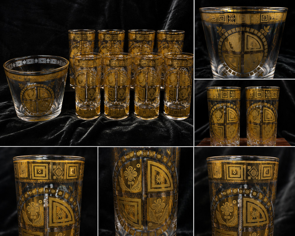 Vintage Culver 22K Gold Barware Set 8 Highball Glasses Ice Bucket MCM Rare