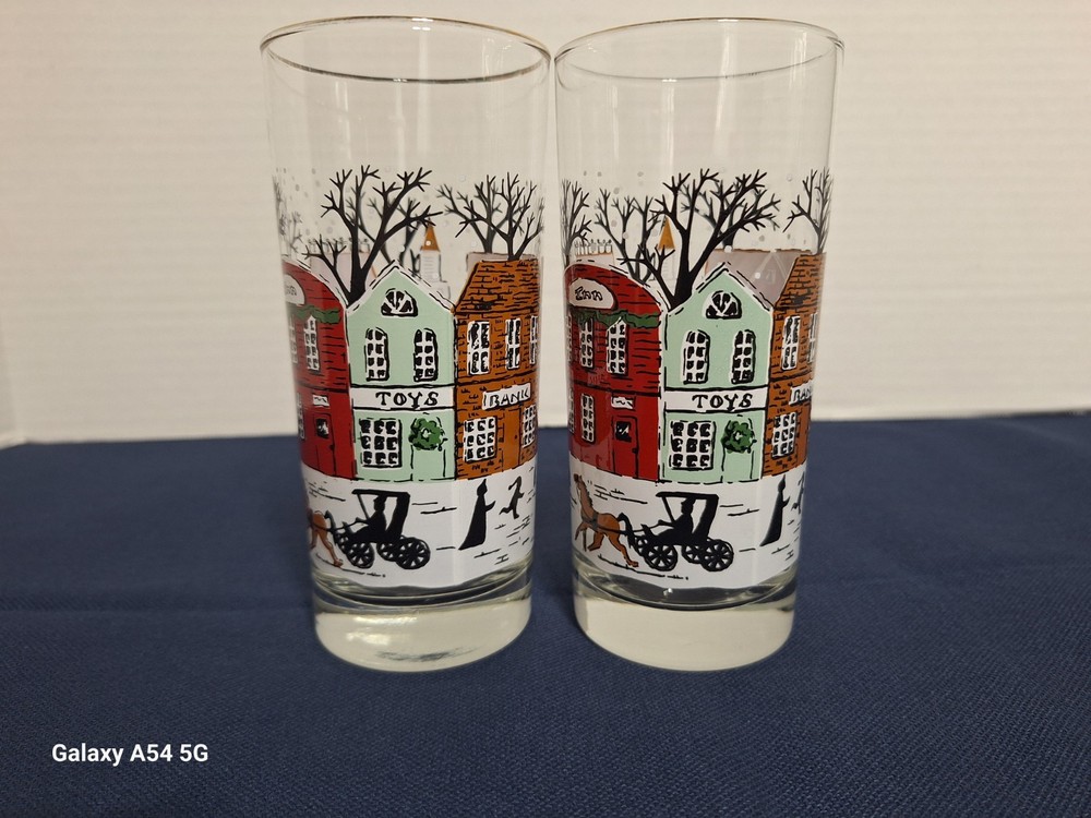 Vintage Libbey Winter Village Christmas Tumblers 16 oz Set of 2 6.25″ Tall