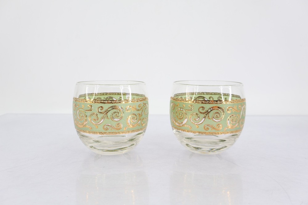 Culver Toledo Set 2 Roly Poly Drinking Glasses MCM Green Gold 22k Barware 1950s