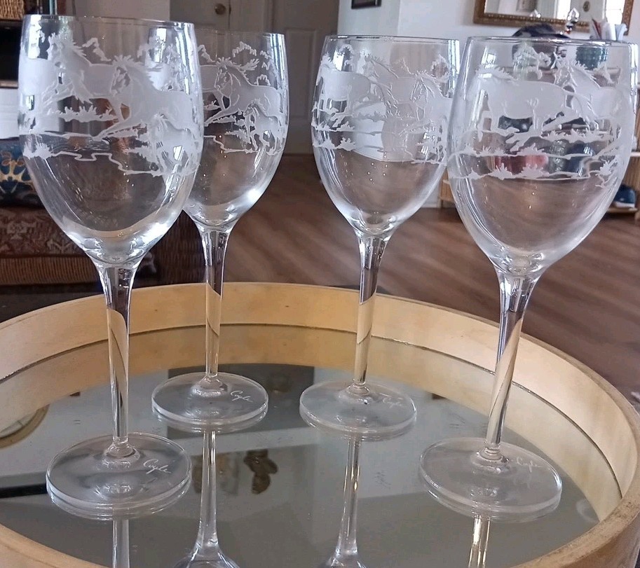 Set Of Four Retired Lorraine Coyle Horses Wine Glasses Signed