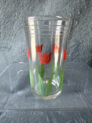 Swanky Swigs Vintage 1950’s Juice Glasses, Tulip Flower Design Red Blue Set of 3