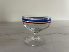 Set Of 4 Red Blue Stripe Americana Footed Glass Sherbet Dessert Glasses Vintage