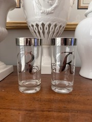 Pair Of Two Dorothy Thorpe Monogram Silver Rim Tall Bar Glasses Mid Century “R”