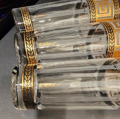3 each CULVER Greek Key skyball & shot glasses green white gold iced tea Signed