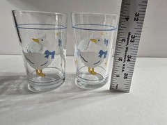 Vintage 2 Drinking Glasses Country White Goose With Blue Ribbon Bow