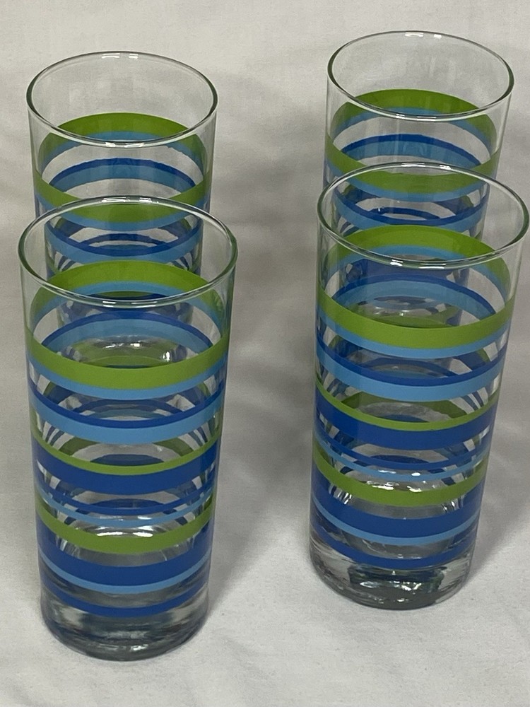 Vintage Water /Lemonade Glossy Green Striped Set of 4 Drinking Glasses Tumblers