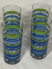 Vintage Water /Lemonade Glossy Green Striped Set of 4 Drinking Glasses Tumblers