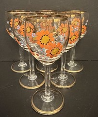 Vintage Hand-Painted Floral Cordial Glasses MCM Gold Accents