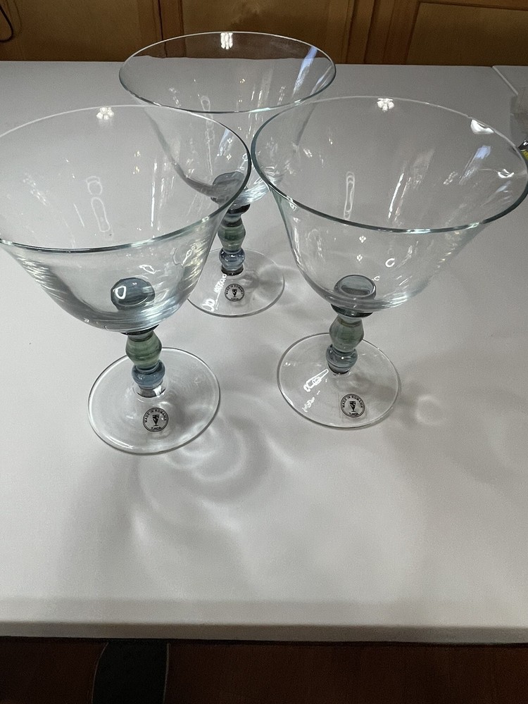 3 Turda Made In Romania Wine Glasses 7” Tall Clear With Blue And Green Handles