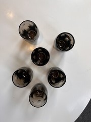 Set Of 6 Midcentury Smoke/Topaz Etched Dot Glasses, Juice/Shot/Cocktail Size