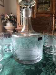 Toscany Etched Clipper Ship Decanter w/ Stopper & 6 Footed Whiskey Rocks Glasses