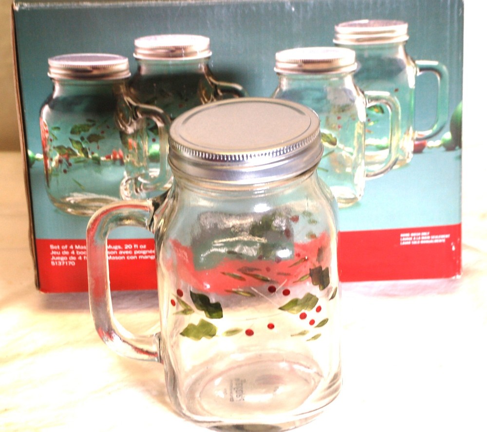 Pfaltzgraff Winterberry Glassware Mason Jars & Lids NIB Set of 4 20 fl. oz.