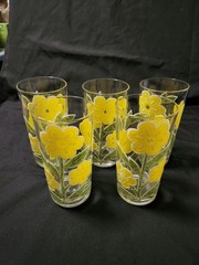 Vintage Set Of 5 Culver Ltd Petit Fleur Highball Glasses Textured Yellow Flower