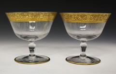 4pc Crystal Champagne / Compote Glasses, Vintage Gold Encrusted Foliate Rims