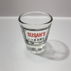 Susan’s Bar Shot Glass Clear Graphic Souvenir Collectible 2.5 in Tall Barware