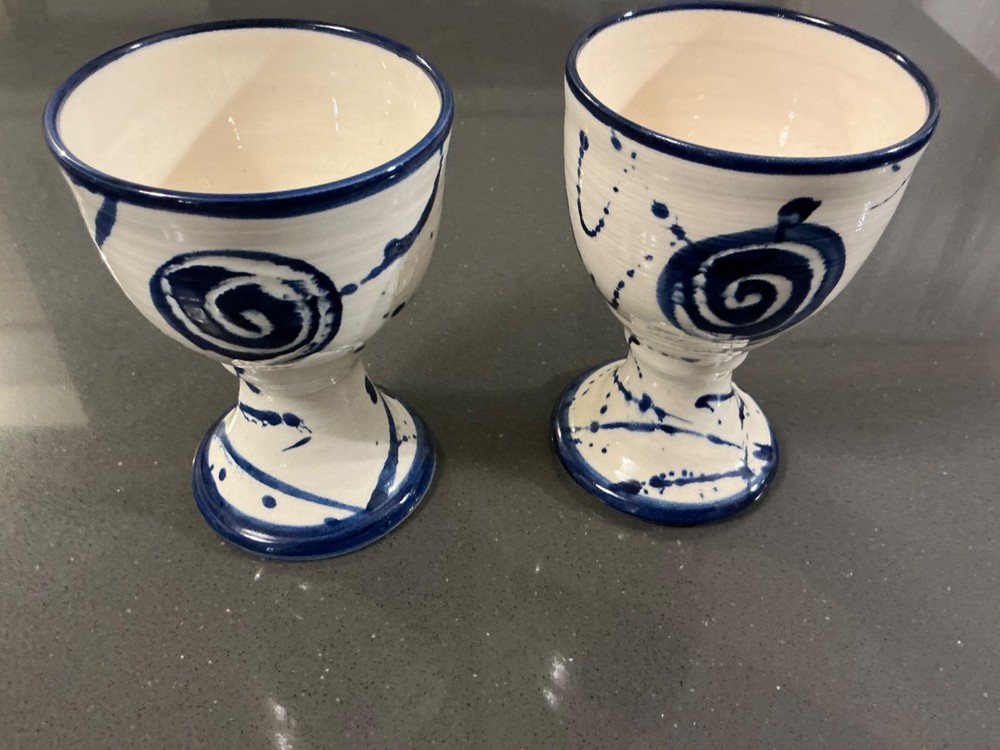 MUD WORKS IRISH MADE Set of 2 Off White & Blue Pottery Goblets- 4 & 3/4” High