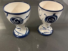 MUD WORKS IRISH MADE Set of 2 Off White & Blue Pottery Goblets- 4 & 3/4” High