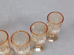 Bohemian Hand Enameled White Floral Optic Molded Amber Glass Liquor Cordial Set