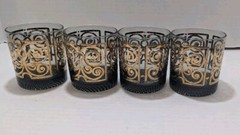 Vintage Gold Black Scroll Smokey Black Glass Barware Hollywood Style