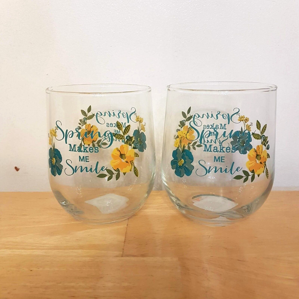 Glass Tumbler LOT Spring Makes Me Smile 16 oz New Stemless Wine Goblet Flowers