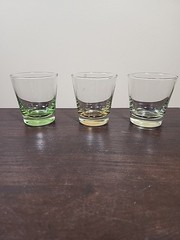 Libbey glasses 2 Yellow and 1 Green juice lowball 3 1/8″ x 3″