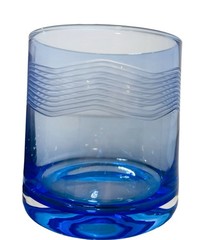 Mid-Century Mod Crystal Whiskey Tumbler Glasses Etched Design 4″ T Blue Purple