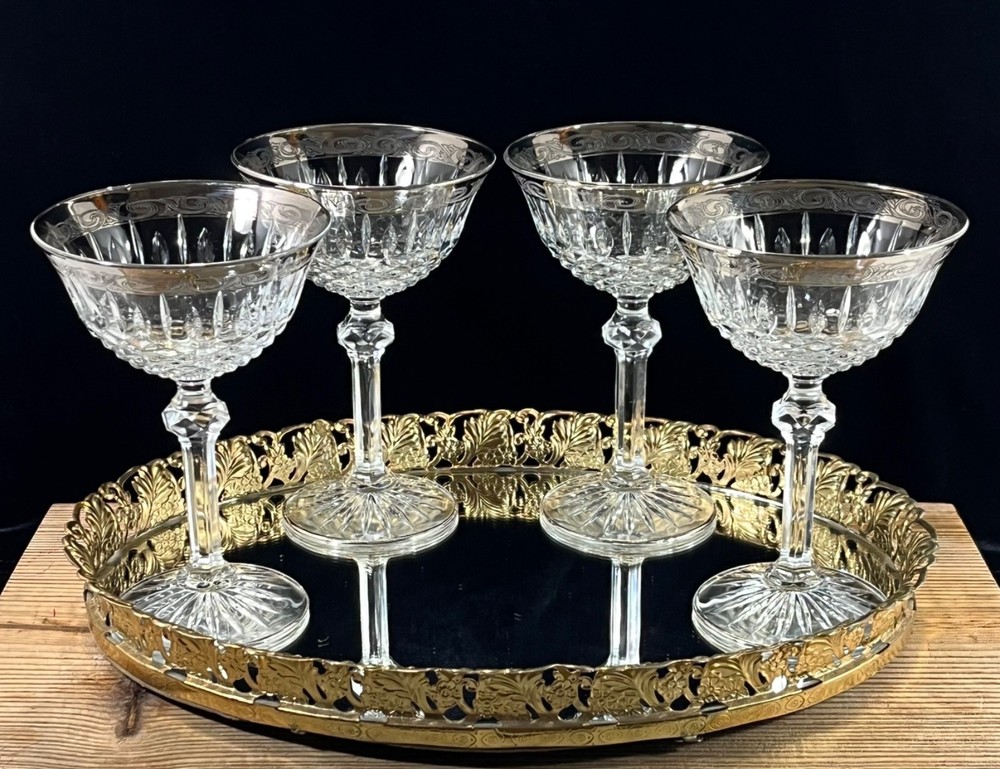 Vintage Champagne Coupe Cut Crystal Glass Silver Trim Cocktail Glasses Set 4 MCM