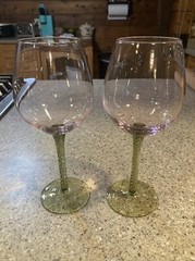 Pair of Art Glass WATER GOBLETS w/ Twisted Latticino Stem Design LILAC & GREEN