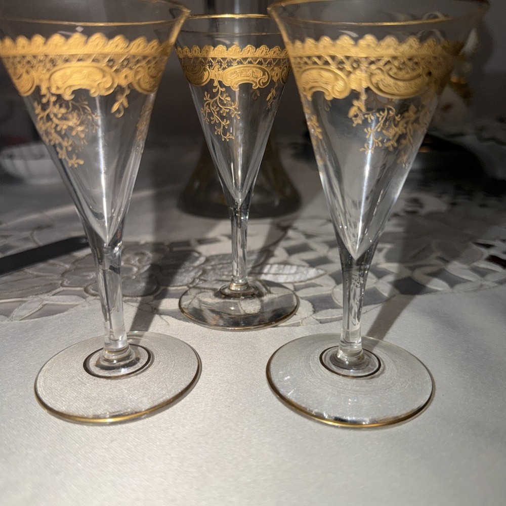 SAINT LOUIS Massenet GOLD ENCRUSTED 3 CRYSTAL LIQUOR GLASSES 4.5” FRANCE