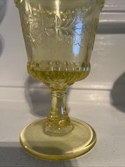 L.G. WRIGHT~VASELINE GOBLET~WILDFLOWER W/ OPALESCENT RIM & DIAMOND PATTERN~6”