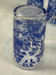 6 Vtg Blue Willow Glass Tumblers Highball Drinking Juice Glasses Stitched Border