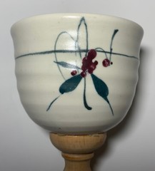 Taylor Clay Cup Signed! Holly Medicine Hat Flower Works Wood Stem Goblet Pottery