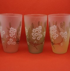 Vintage 1960s Set of 6 Libby Dogwood Frosted Glasses Painted Tumblers 5.5″ Tall