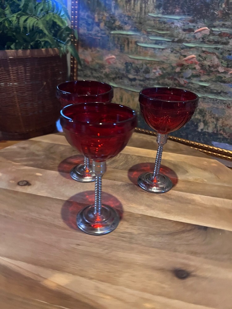 Art deco style wine cordial glasses ruby red removeable heavy metal stems