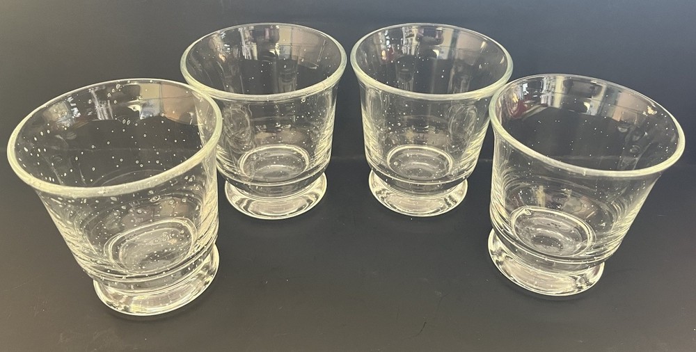 Old Fashion Footed Clear Bubble Glasses, Set Of 4, 3.75” Tall