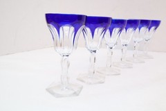 SET 6 BOHEMIAN CZECH CUT TO CLEAR CRYSTAL 5.5″ WINE GLASS GOBLETS Cobalt BLUE