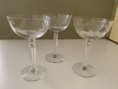 Set of (3) Vintage Etched Floral 5.5 » Champagne Crystal Stemware Glasses