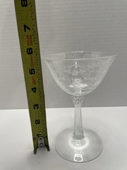 Vintage Manganese Fostoria ROMANCE Goblet Glasses Etched Clear Green Set Of 4