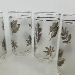 Vintage MCM Silver Leaf Frosted 6 pc Drinking Glass Set by Libbey Leaves Foliage
