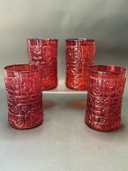 4 Bryce Hand Blown Glasses Red Flower #1325 Barware 1960s MCM UV GLOW