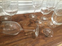 4 Vtg Lacy Needle Etched Wine Goblets Glasses LEAVES American Cut ? HTF 7.25»