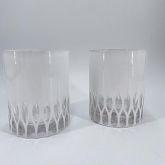 MCM Frosted White Lowball Glasses Clear Cathedral Arch Base Pinstripe Set of 2