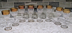 8 Small Crystal Stemmed Cordial Glasses with Gold Rims & Base. 5″, holds 2 oz