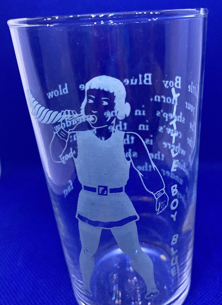 Little Boy Blue Nursery Rhyme Child’s Drinking Glass Clear w/ Blue Pyro