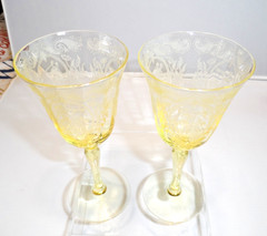 2 Tiffin Lotus Glass Co. Sherry / Wine Stems w/ Springtime Etch Flutist & Angel