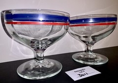 2 Red Blue Stripe Americana Footed Glass Sherbet Dessert Glasses MCM Vintage