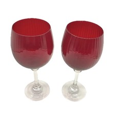 2 Vtg Ruby Red Ribbed Balloon Faceted Wine Goblets Glasses 9 1/4” Clear Stem
